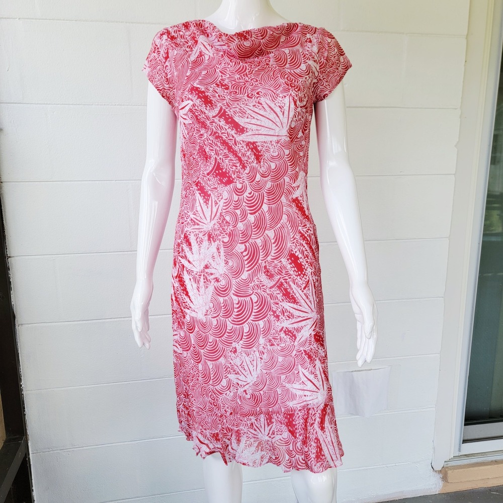 VTG Y2K Maggy London Silk Midi Dressโ Red White Size S Coastal Batik Cowl Neck